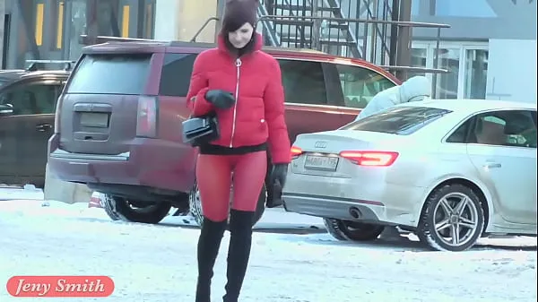 Se Red Tights. Jeny Smith public walking in tight seamless red pantyhose (no panties energy Tube