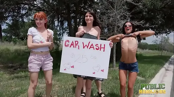 Watch PublicHandjobs - Get wet and wild at the car wash with bubbly Chloe Sky and her horny friends energy Tube